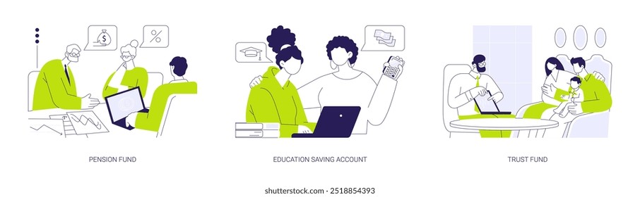 Investments in future abstract concept vector illustration set. Pension fund, education saving account, trust fund, financial literacy, family wealth, saving account for child abstract metaphor.