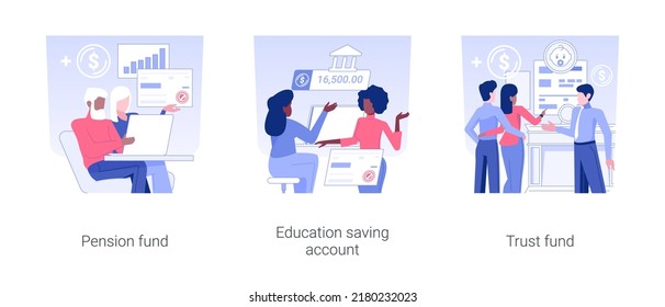 Investments In Future Isolated Concept Vector Illustration Set. Pension Fund, Education Saving Account, Trust Fund, Financial Literacy, Family Wealth, Saving Account For Child Vector Cartoon.