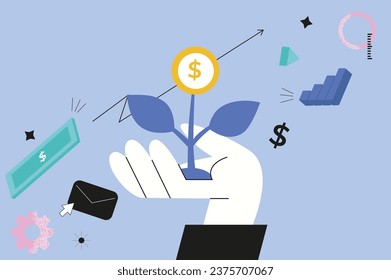 Investments hands concept in the flat cartoon style. The picture shows a hand that attracts investments for the development of business ideas. Vector illustration.