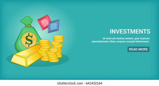 Investments horizontal concept. Cartoon illustration of investments banner horizontal vector for web