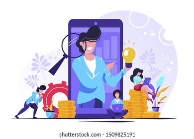 Investments in knowledge, online course, Vector illustration concept for web design, marketing, and print material. e-learning. lector at the mobile screen. Webinar and modern education