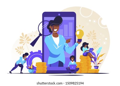 Investments in knowledge, online course, Vector illustration concept for web design, marketing, and print material. e-learning. lector at the mobile screen. Webinar and modern education