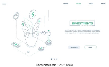 Investments - line design style isometric web banner on white background with copy space for text. A website header with a businessman standing on coins stack, watering money tree, clock and banknotes