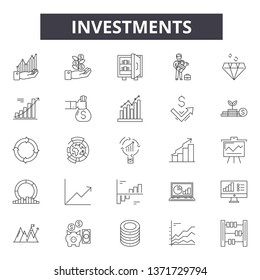 Investments line icons, signs set, vector. Investments outline concept, illustration: money,business,finance,investment,bank,currency,financial,graph