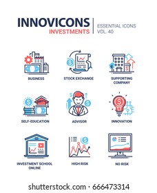 Investments - modern vector line design icons set. Business, stock exchange, supporting company, self-education, adviser, consultation, innovation, investment school online, high and no risk