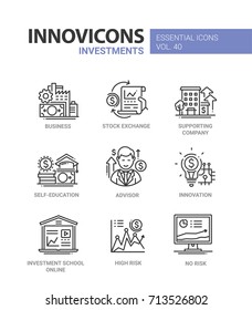 Investments - modern vector line design icons set. Business, stock exchange, supporting company, self-education, advisor, consultation, innovation, investment school online, high and no risk