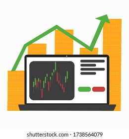 Investments online concept.  Profit increase, revenue growth and a successful stock. Illustration in flat style.