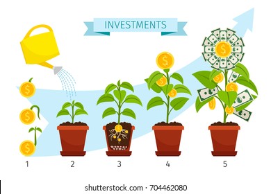 Investments process concept vector illusatration with money tree growing