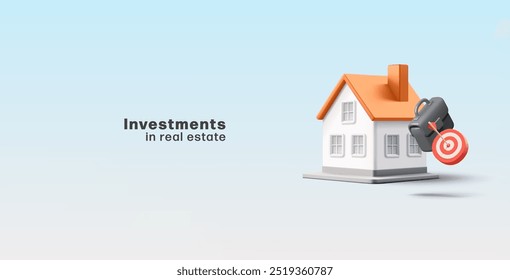 Investments in real estate. 3D house building, target, briefcase. Banner for concepts of successful and proper investment, buying, renting, real estate dividends. Vector