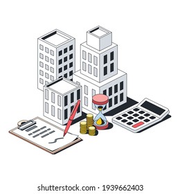 
Investments in real estate, buildings, contract documentation, calculator, coins and hourglass, stroke illustration.Vector 3d line isometric, color web icons, new flat style. Creative design idea.