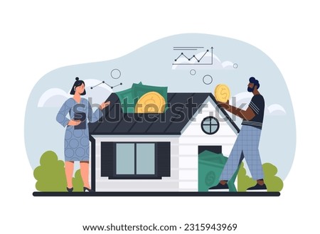 Investments in real estate concept. Man and woman with gold coins and banknotes near house. Financial literacy and trading, passive income. Rent and mortgage. Cartoon flat vector illustration