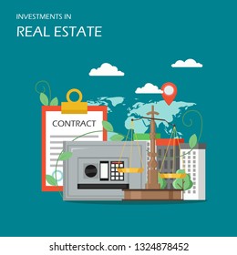 Investments in real estate concept vector flat illustration. Contract, city buildings, safe, scales, world map with location pin. Real estate investing, finance growth and savings money poster banner.