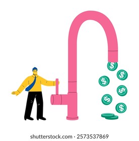 Investments returns finance concept. Business man open water tap, gold coins fall. Flat vector illustration isolated on white background
