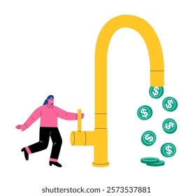 Investments returns finance concept. Business woman open water tap, gold coins fall. Flat vector illustration isolated on white background
