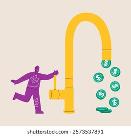 Investments returns finance concept. Man open water tap, gold coins fall. Colorful vector illustration
