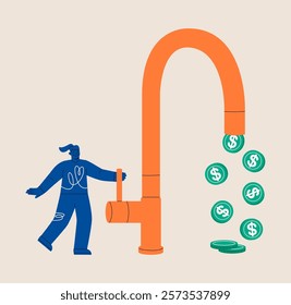 Investments returns finance concept. Woman open water tap, gold coins fall. Colorful vector illustration
