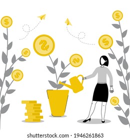 Investments and revenue growth concept. Saving and increasing money. Woman grows a money tree.
