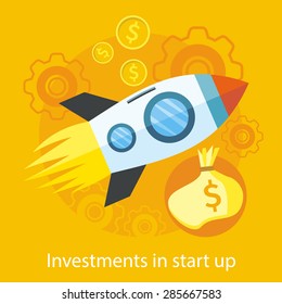 Investments in start up. Launching new product or service. Start up rocket idea icon in flat design on the stylish colored background with coins.  For web design, analytic, graphic design  
