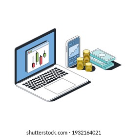 Investments, stocks futures and indices, analytics, smartphone and laptop, finance money. Vector 3d line isometric, color web icons, new flat style. Creative illustration, design idea for infographics