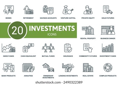 Investments thin line icon set. Bonds, Retirement, Savings Accounts, Venture Capital, Private Equity, Gold Futures, Rental Property, Business Owner, Index Funds, Cash Equivalent icons and more