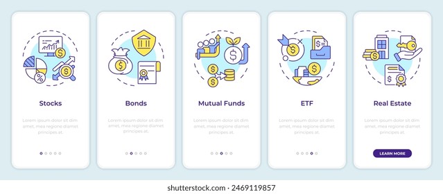 Investments types onboarding mobile app screen. Walkthrough 5 steps editable graphic instructions with linear concepts. UI, UX, GUI template
