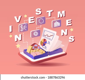 Investments vector illustration. Business elements isolated on pink background. Save money strategy. Growing capital. Gold, property, Shares, cash, currency. Vebsites design. Real estate.