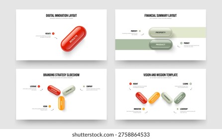 Investor Analysis 1 2 3 4 Step Diagram Slideshow Layout Set. Enterprise Showcase One Two Three Four Element Infographic Slide Design Vector Illustration Collection.