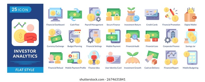 Conjunto de iconos de análisis de inversores en estilo plano, con planificación presupuestaria, flujo de efectivo, tarjetas de crédito, finanzas seguras, tarro de ahorros y auditorías.