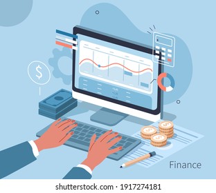 Investor Analyzing Financial Data and Planning Investments on Laptop. Character Preparing Financial Report. Accountant at Work. Accounting Concept. Flat Isometric Vector Illustration.