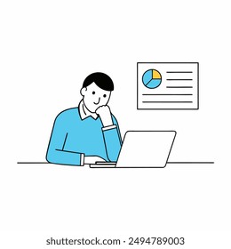 Investor analyzing trade graph on a laptop in this detailed vector illustration. Ideal for financial presentations, reports, and educational materials. High-quality and precise design