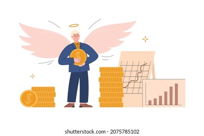 Investor angel with wings standing among stacks of money, flat vector illustration isolated on white background. Investment and financial assistance to startup company.