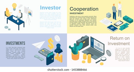Investor banner set. Isometric set of investor vector banner for web design