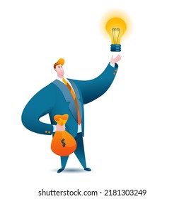 An investor in a business suit holds an idea and a bag of money in his hands. Vector illustration on the topic of investing.