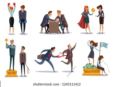 Investor business winner loser characters set of isolated images with doodle style characters enter sport competitions vector illustration