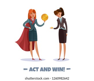 Investor business winner loser characters women with text and doodle style images of businesswomen in costumes vector illustration