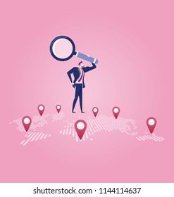 Investor. Businessman looking for investment opportunity standing on the map of Europe. Concept business vector illustration