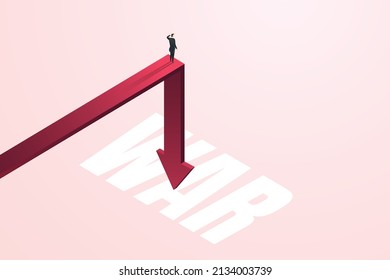 Investor or businessman stands on a falling arrow chart. Concept of economic crisis and financial recession, bankruptcy, loss from war. isometric vector illustration