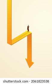 Investor or businessman stands stressed on a falling arrow chart. Concept of economic crisis and financial recession bankruptcy Loss.  isometric vector illustration.