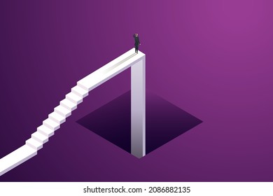 Investor or businessman stands stressed on a falling arrow chart. Concept of economic crisis and financial recession bankruptcy Loss.  isometric vector illustration.