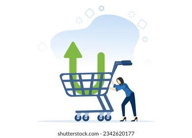 Investor buying stocks with down arrow chart in shopping cart. Buy stocks when prices fall. Profit from the market crash. trading, stock market, flat vector illustration on a white background. svg
