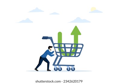Investor buying stocks with down arrow chart in shopping cart. Buy stocks when prices fall. Profit from the market crash. trading, stock market, flat vector illustration on a white background. svg