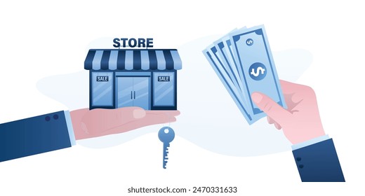 Investor buys successful startup or franchise. Businessman hand holds shop building and key. Payment after successful business negotiations. Purchase of controlling stake in an enterprise. flat vector