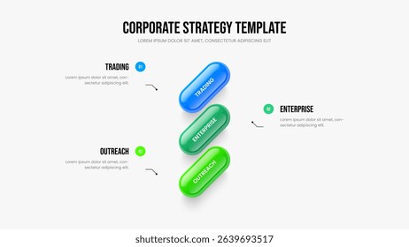 Investor Campaign Presentation Template Vector Illustration. Modern Proposal 3 Element Infographic Slideshow Design. Enterprise Showcase Three Option Diagram Frame Layout.