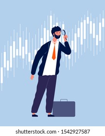 Investor character. Businessman view thru magnifying glass on graphic growth money investment vector finance concept