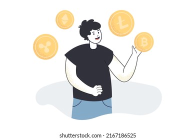 Investor choosing between bitcoin, ethereum, ripple, litecoin. Man holding gold cryptocurrency coin flat vector illustration. Cryptography concept for banner, website design or landing web page