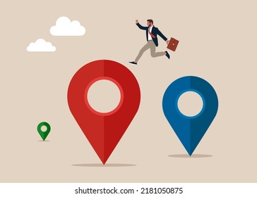 Investor company owner jumping from map navigation pin to new one metaphor of relocation. Business relocation, move office to new address or transfer to new location concept,  - Powered by Shutterstock - Get 15% off with code: PIKWIZARD15