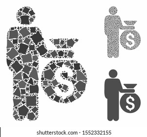 Investor composition of joggly pieces in variable sizes and shades, based on investor icon. Vector tremulant pieces are combined into collage. Investor icons collage with dotted pattern.