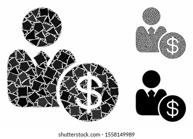 Investor composition of tremulant elements in different sizes and color tints, based on investor icon. Vector uneven elements are combined into composition. Investor icons collage with dotted pattern.