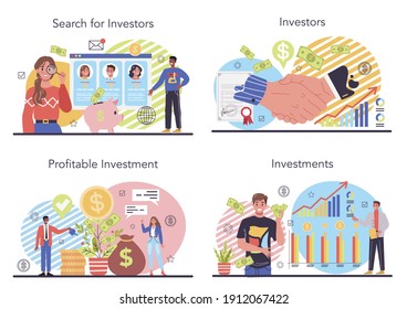 Investor concept set. Investing stategy, fundamental analysis, deversification, increased investment. Idea of financial support. Investing money in project. Vector flat illustration