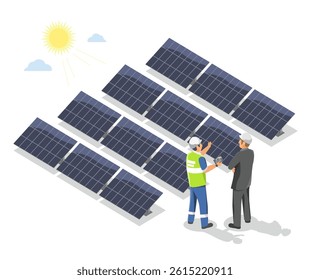 Investor consulting with engineer at a solar power plant while discussing investment opportunities in renewable energy under bright sunlight isometric cartoon